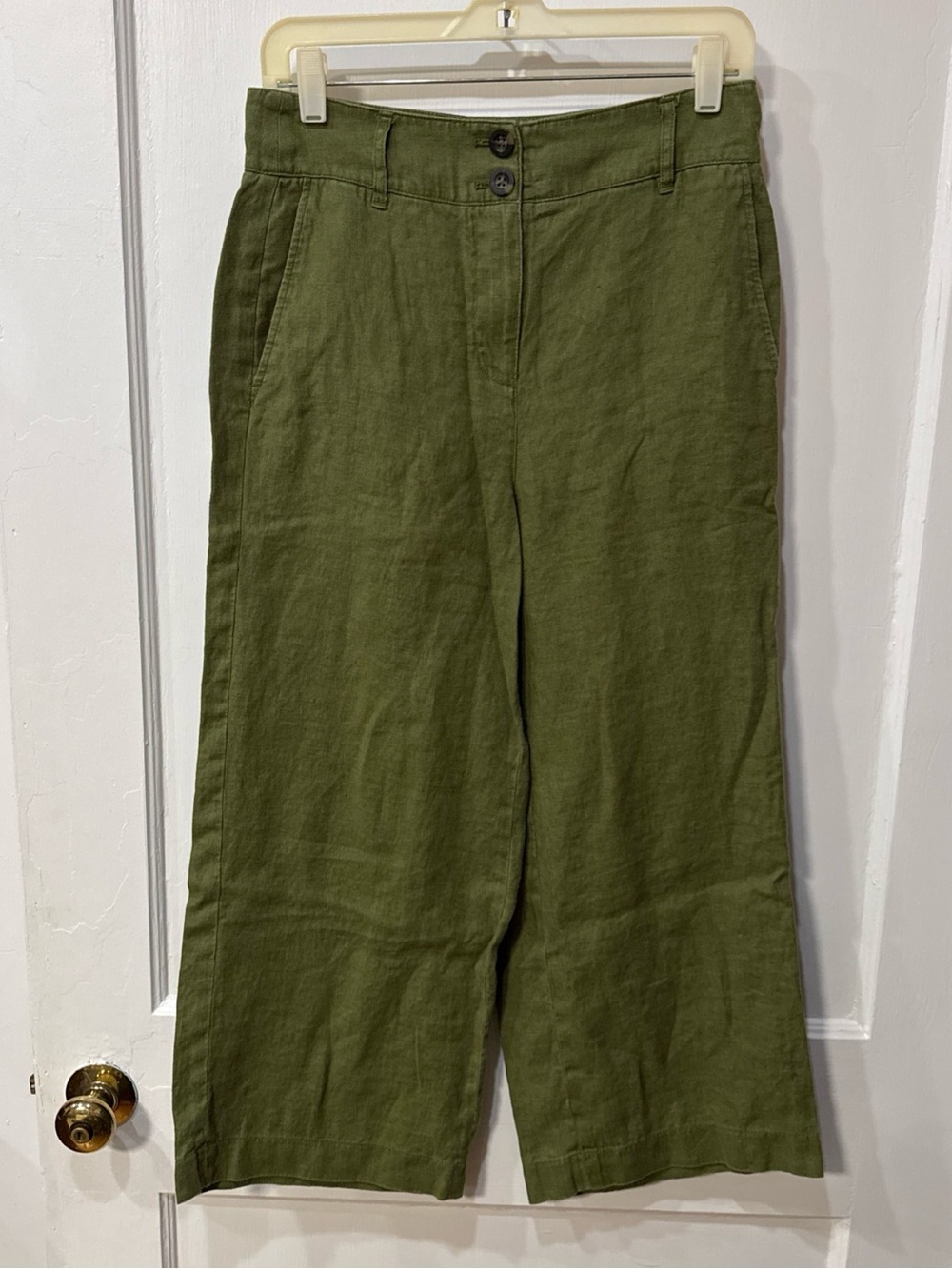 Boden Westbourne Linen Crop Trousers Green Wide Leg Zip Fly Olive Green VGUC 6R